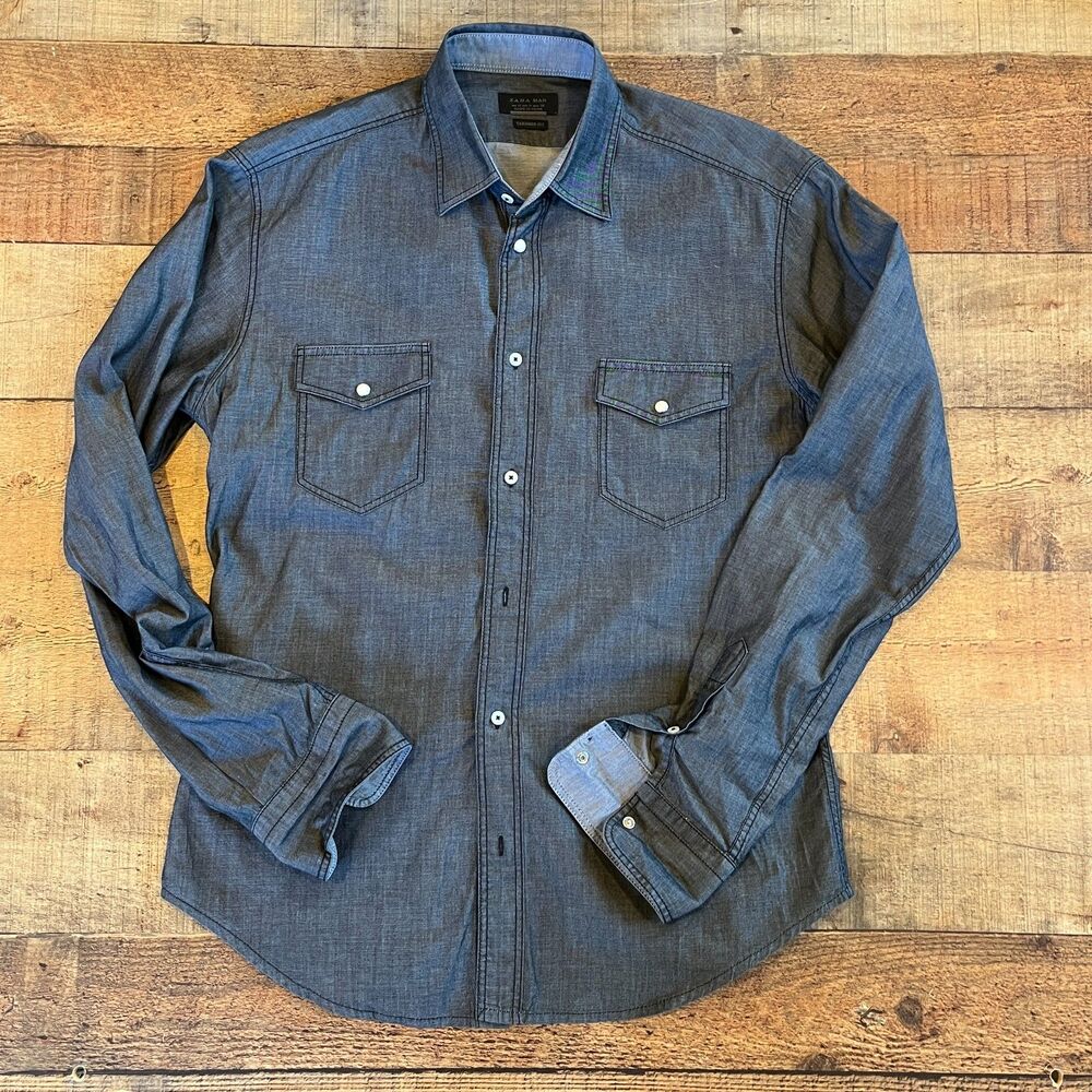 Zara Man Black Chambray Button Front Western Shir… - image 4